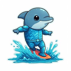 Obraz premium chibi superhero dolphin with a blue suit and a shining wave pattern, surfing on a splash of water, in sticker style, plain white background. 