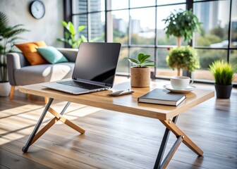 Foldable Laptop Table Mockup with Branding Space for Professional Use in Modern Work Environments and Home Offices, Showcasing Versatility and Contemporary Design Elements