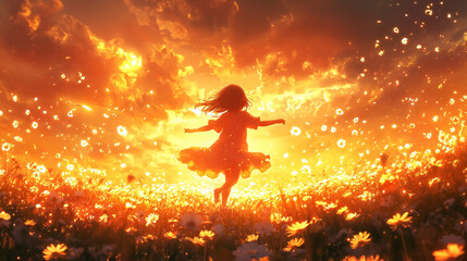 A child laughing while spinning in a field of dai_0076