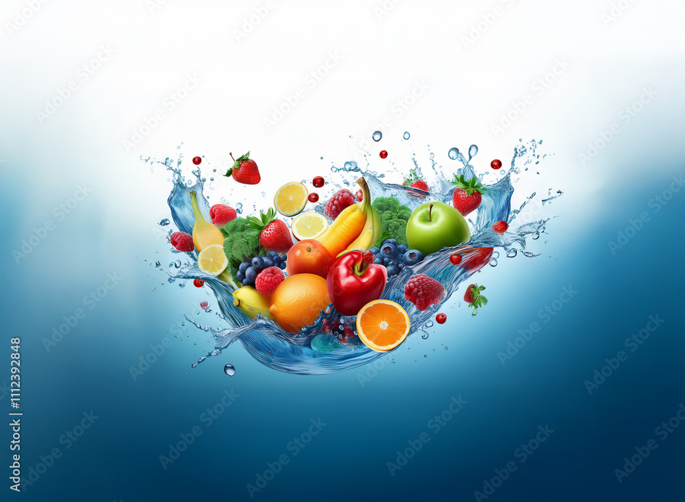 Poster vibrant fruits and berries burst from a splashing wave of water, creating a refreshing and healthy s