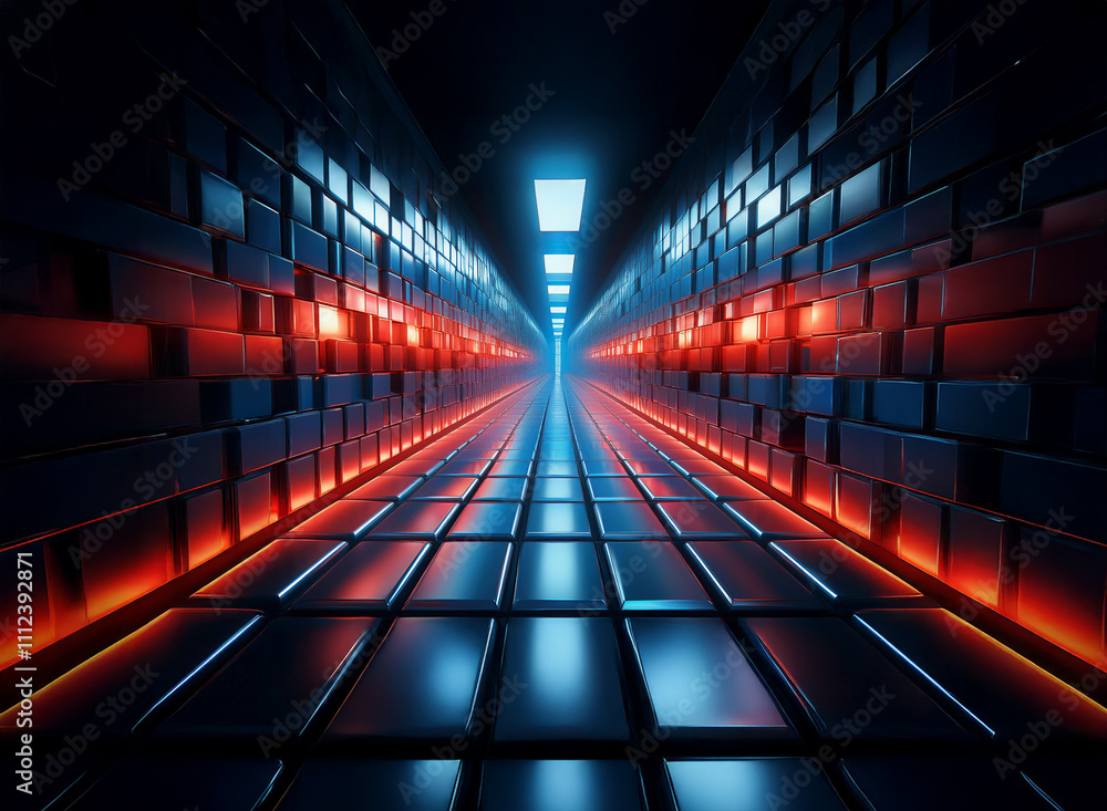 Poster a futuristic corridor with glowing orange and blue neon lights illuminating a reflective tiled floor