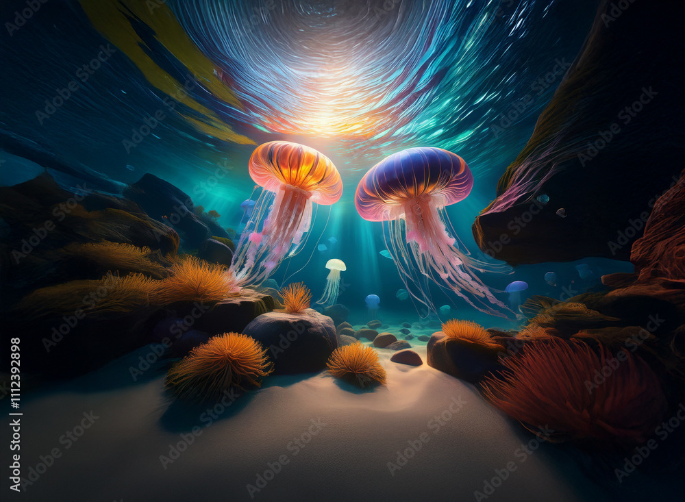Aufkleber Sunbeams illuminate two luminous jellyfish near a vibrant seabed.  Surrounding rocks and colorful flora create a mystical underwater scene.