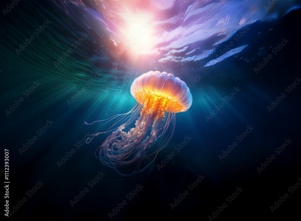 Poster a luminous jellyfish floats in deep ocean water, backlit by a vibrant sunrise. its translucent bell 