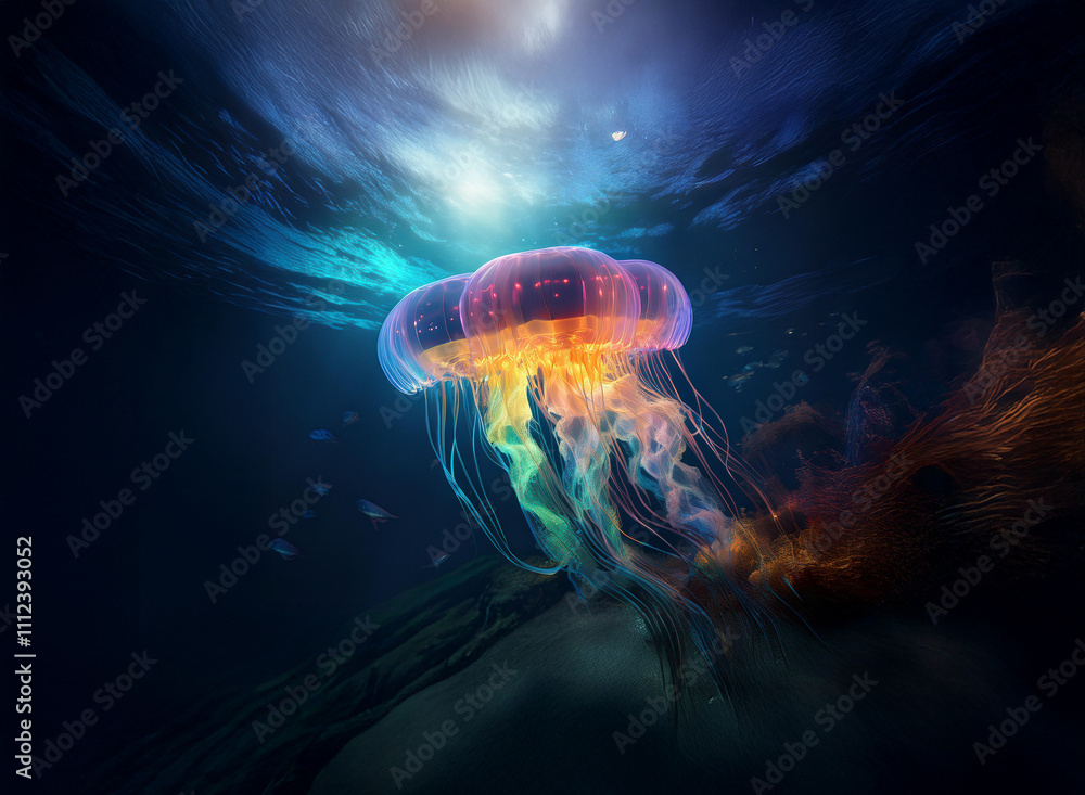 Poster Two bioluminescent jellyfish gracefully drift in a deep ocean scene, their vibrant tentacles trailing.  Submerged structures and faint light illuminate the underwater world.