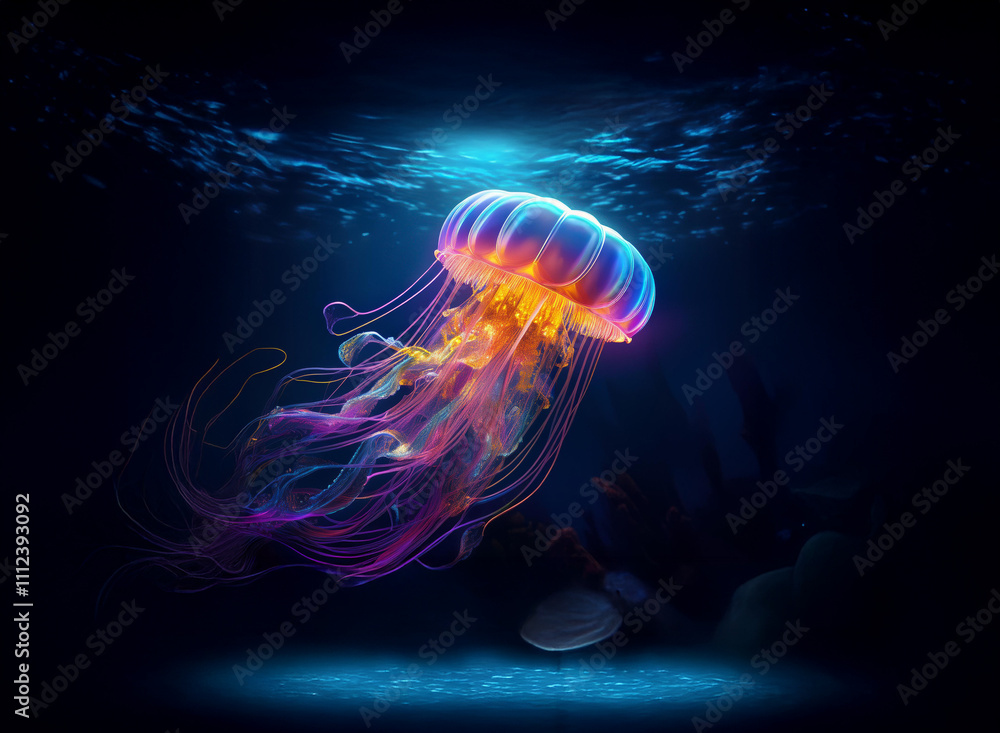 Poster a bioluminescent jellyfish gracefully floats in the deep ocean, its vibrant tentacles glowing with a