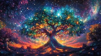 Luminous tree of life glowing at night under a starry sky.