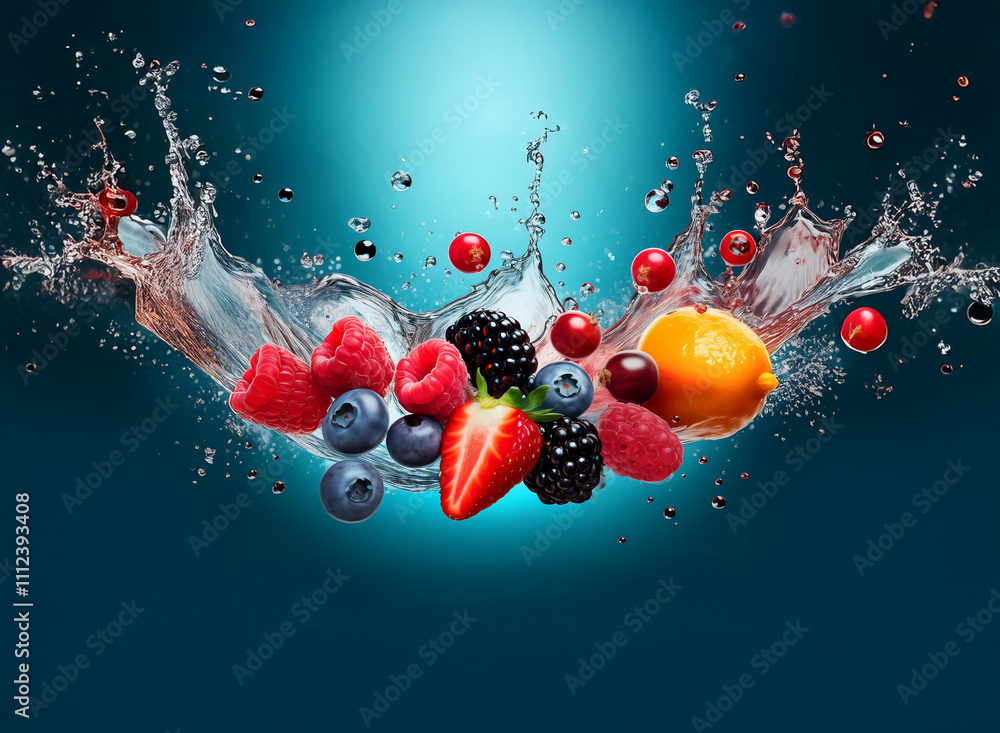 Poster vibrant berries and a lemon suspended in a dynamic water splash against a teal background. a refresh