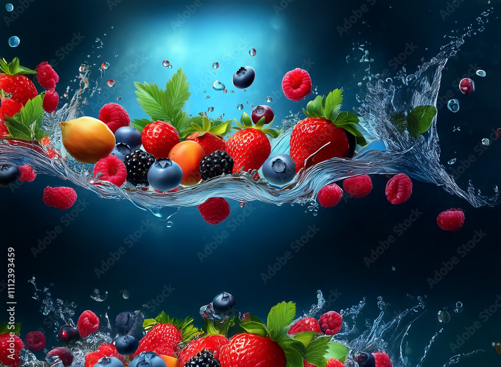 Poster Vibrant mix of fresh berries and fruit splashing into cool water, creating a dynamic and refreshing image.  Water droplets and splashes add to the lively scene.