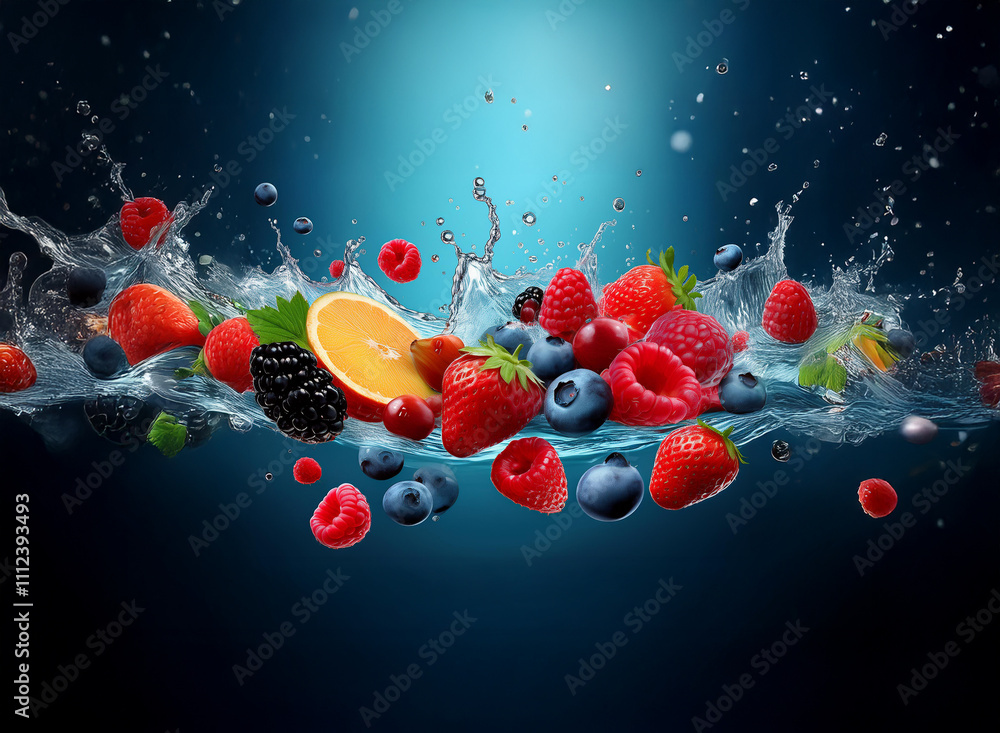 Aufkleber vibrant mix of berries and an orange splashing into clear water, creating a dynamic, refreshing scen