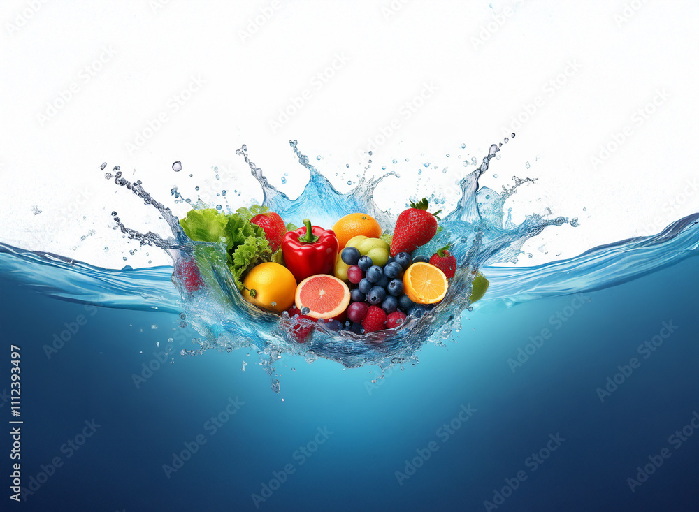 Aufkleber vibrant fruits and vegetables splash into clear water, creating a refreshing and healthy image. the 
