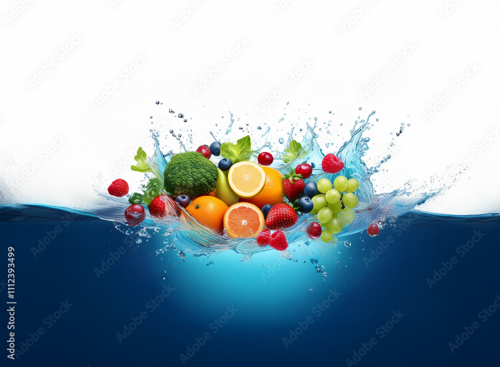 Poster a vibrant mix of fresh fruits and vegetables splashes into clear blue water, creating a dynamic and 