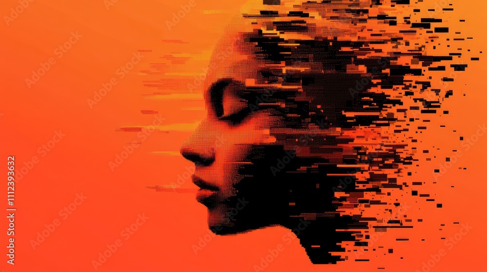 Poster a surreal pixel portrait of a human face dissolving into digital fragments, with bold color transiti