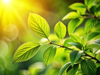 Fresh Green Leaves Illuminated by Warm Sunlight on a Branch, Evoking a Sense of Nature's Tranquility and Vibrancy for Culinary Inspiration and Healthy Living