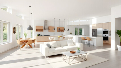 Fototapeta premium Contemporary open-plan kitchen and living room with bright, airy windows, a minimalis
