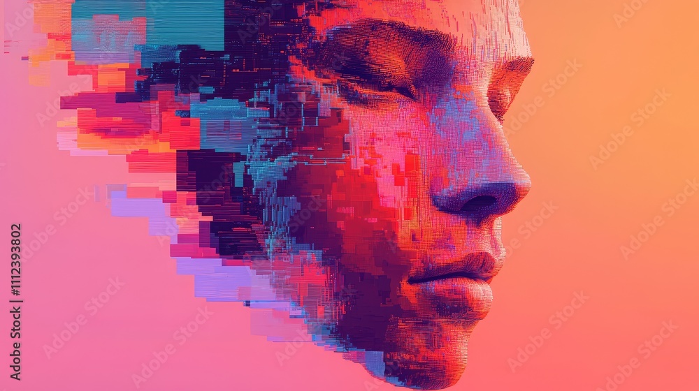 Poster a surreal pixel portrait of a human face dissolving into digital fragments, with bold color transiti