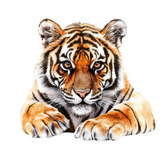 Obraz premium A close-up view of a majestic tiger, showcasing its striking orange and black stripes, intense gaze, and powerful presence.