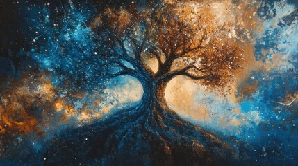 Abstract painting of a large tree with contrasting blue and gold foliage, set against a cosmic backdrop.