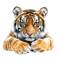Fototapeta premium A majestic tiger gazes intensely, showcasing its striking orange fur and distinctive black stripes.