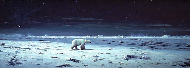 Obraz premium A vast, expansive ice field stretching to the horizon, with a lone polar bear walking across the frozen landscape under the northern lights