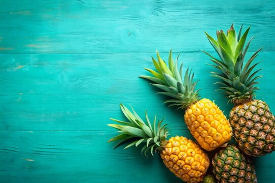 Fresh Pineapple Wedges on a Vibrant Teal Background with Ample Copy Space for Text or Graphic Overlay, Perfect for Tropical-Themed Designs and Summer Promotions