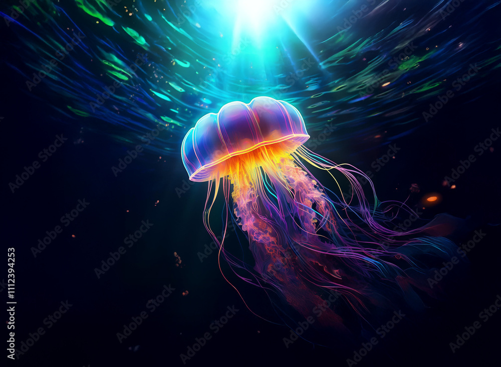 Poster a bioluminescent jellyfish gracefully drifts in a deep ocean, illuminated by an ethereal light from 