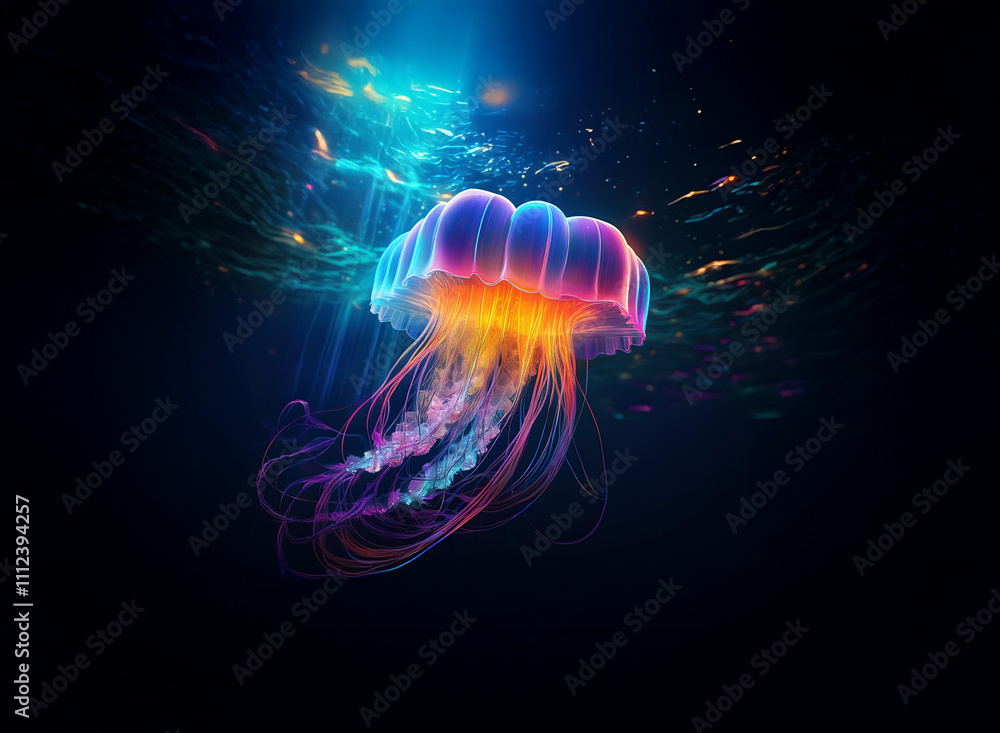 Poster a bioluminescent jellyfish gracefully floats in the deep ocean, illuminated by an ethereal underwate