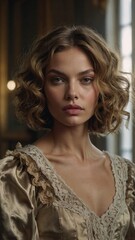 Woman with curly hair in elegant setting