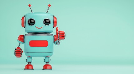 Cute teal robot giving thumbs up against a light teal background.