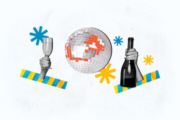 Composite trend artwork image photo collage of dance moving obsolete party discoball nightclub hand hold bottle alcohol drink champagne