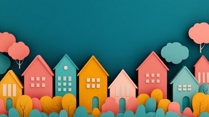 Colorful paper houses and trees on teal background.