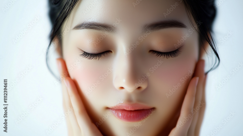 Poster 目を瞑っている若くて綺麗なアジア人女性モデル。頬に手を当てている美容ケアのシーン。