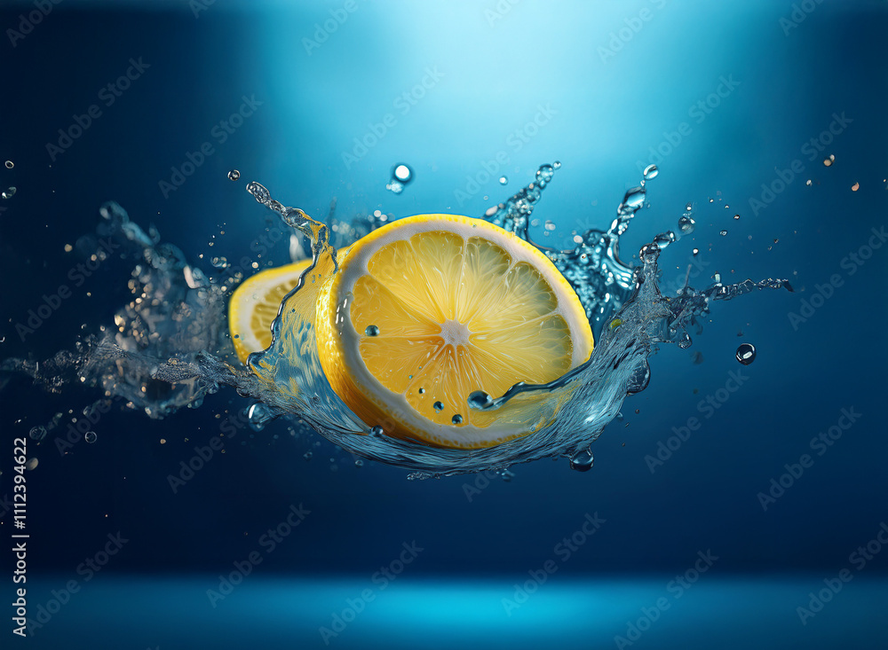 Poster two lemon slices splash into clear water, creating a vibrant, refreshing scene against a deep blue b