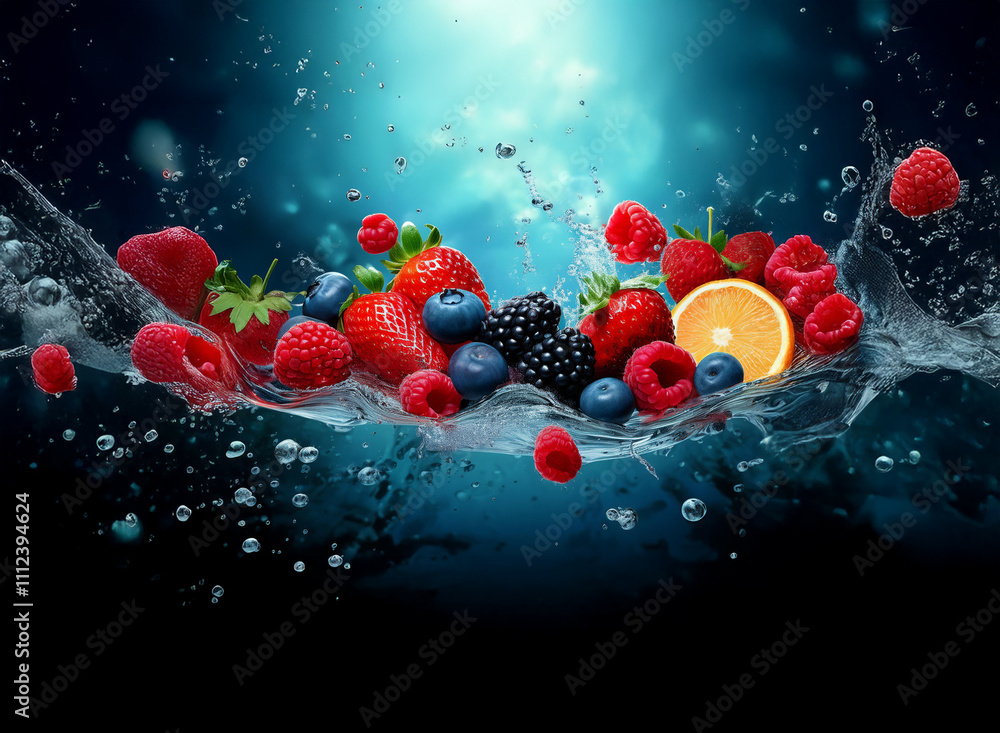 Poster fresh berries and an orange burst from water, creating a vibrant splash of color and juicy refreshme