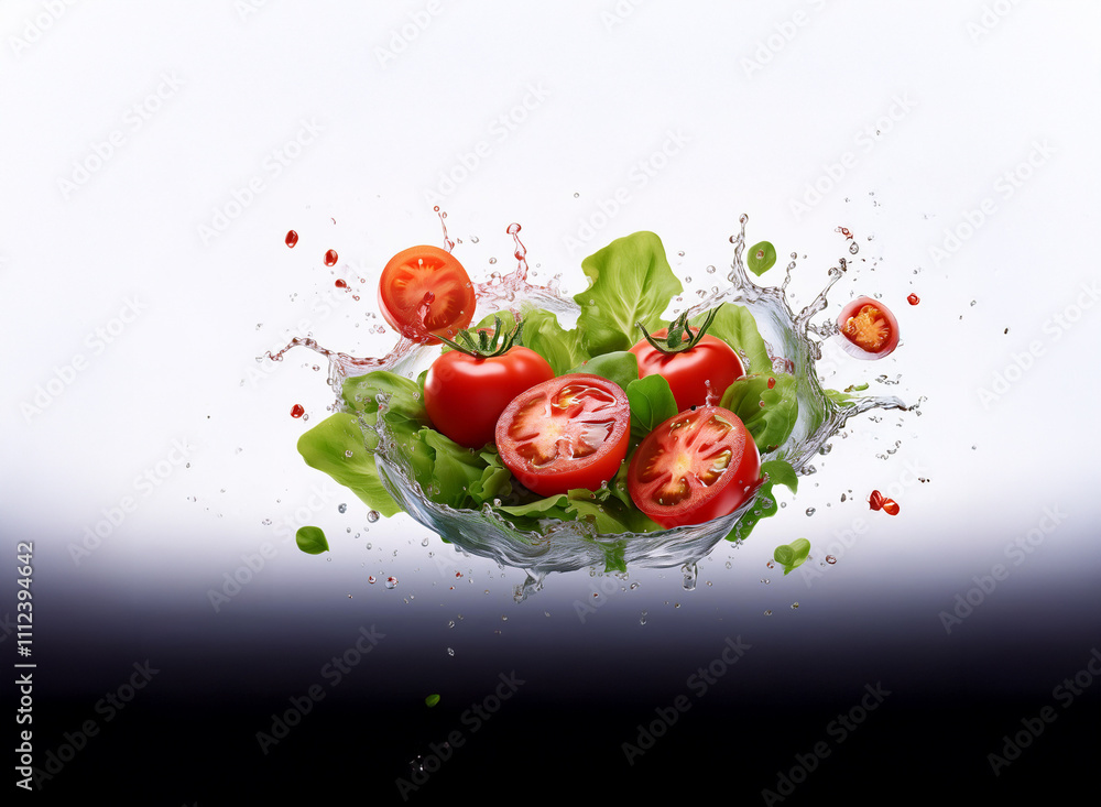 Poster A vibrant splash of water features juicy red tomatoes and fresh green lettuce, creating a dynamic and appetizing image.