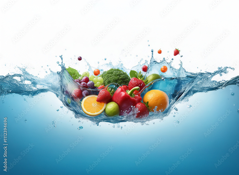 Poster vibrant fruits and vegetables splash into clear water, creating a refreshing and healthy scene. the 