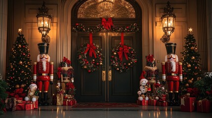 A festive entrance decorated with nutcracker figures, Christmas trees, wreaths, and gifts, creating a joyful holiday atmosphere.