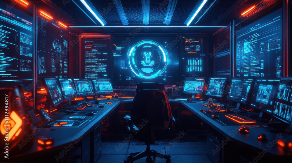 Poster futuristic_control_room_with_multiple_monitors_and_blue_red_lighting