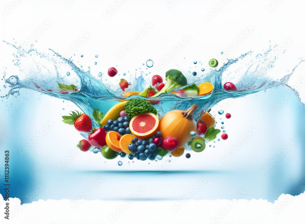 Aufkleber Vibrant fruits and vegetables splash into refreshing blue water, creating a dynamic and healthy image.  A burst of color and freshness.