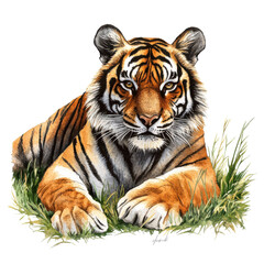 Fototapeta premium A realistic depiction of a tiger resting on grass, showcasing its vibrant orange fur and striking black stripes.