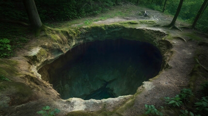 Beautiful natural sinkhole landscape, giant geological depression with green surroundings, eroded rock formation and water pool, popular tourism landmark and environmental attraction