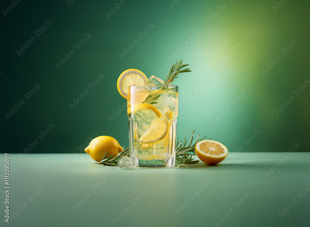 Poster refreshing lemon rosemary iced drink in a tall glass with ice cubes and lemon slices. green backgrou