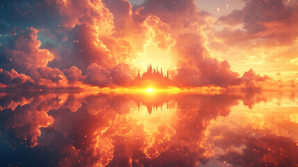 A floating castle made of clouds glowing golden i_0178