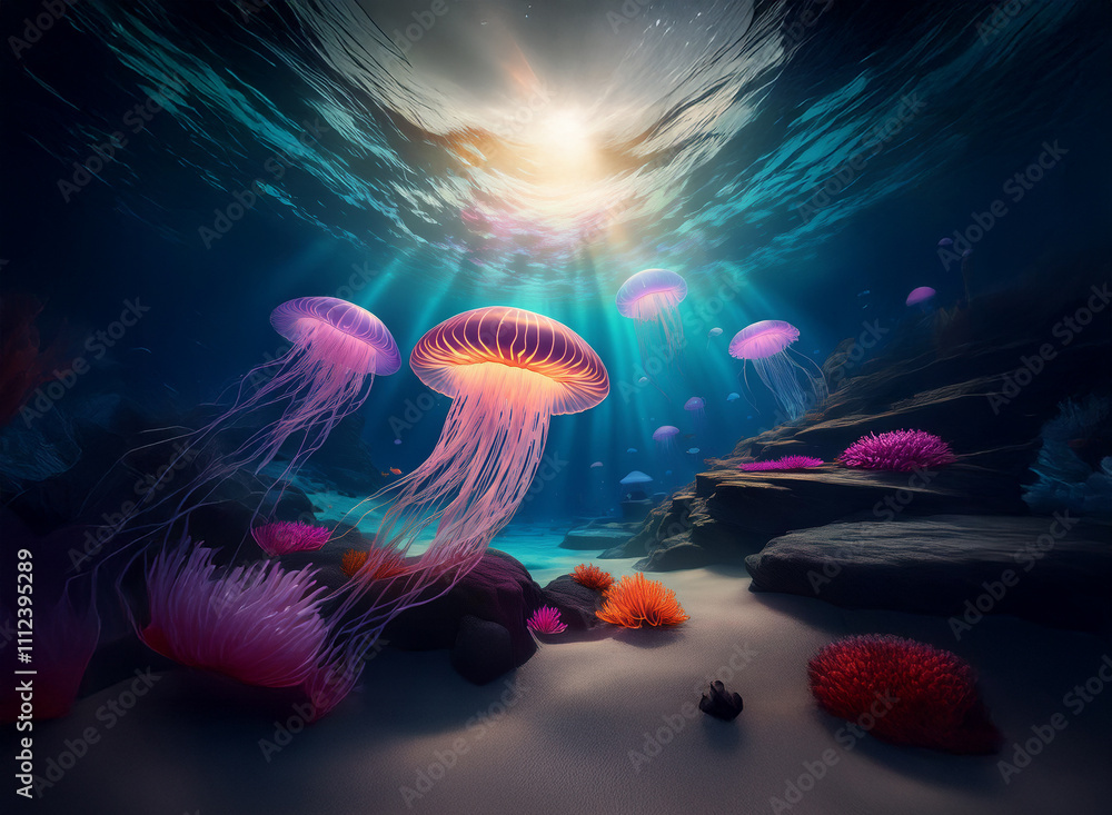 Poster sunbeams illuminate a vibrant underwater scene. bio-luminescent jellyfish drift near colorful coral 