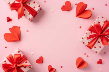 A festive layout featuring Valentine's Day gifts wrapped with ribbons and scattered heart shapes on...