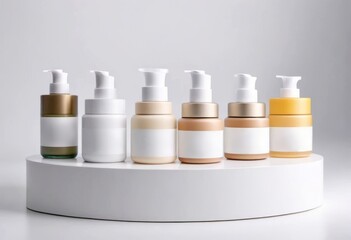 Collection of skincare products on white geometric platforms.