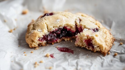 Close up of a broken cranberry drop cookie, showing the gooey inside, placed on parchment paper with crumbs around