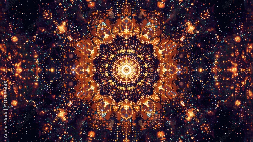 Poster a symmetric pixel art representation of a mandala, with detailed digital elements radiating outwards