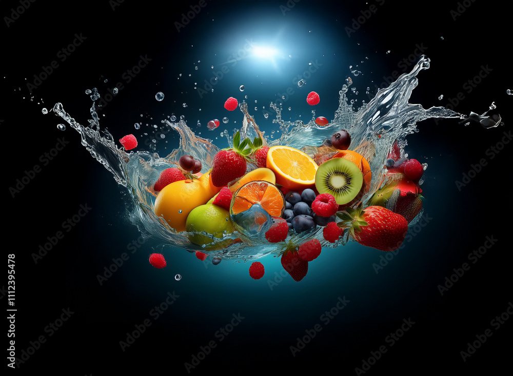 Aufkleber a vibrant mix of fresh fruits explodes in a splash of water against a dark background, illuminated b