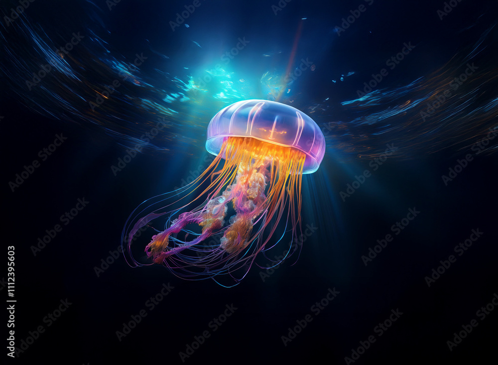 Poster a bioluminescent jellyfish floats gracefully in the deep ocean, its tentacles glowing with vibrant c