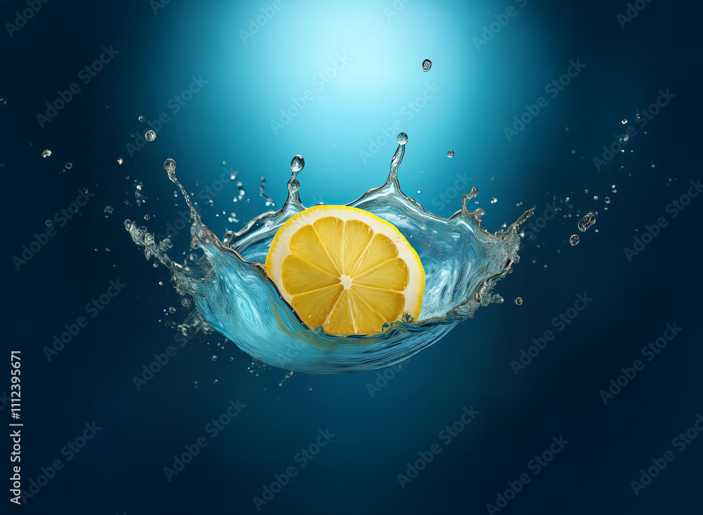 Fototapete a lemon half submerged in water, creating a vibrant splash. the scene is set against a deep blue bac